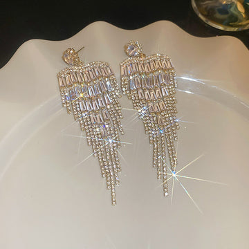 Crystal Fringe Shield Statement Stud Earrings With Decorative Metal Accents