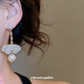 Champagne Crystal Butterfly and Faux Pearl Drop Stud Earrings view 3