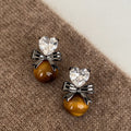 Silver Tone Crystal and Brown Cabochon Drop Stud Earrings view 6