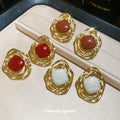 Round Enamel Statement Stud Earrings With Wavy Gold Tone Frames view 1