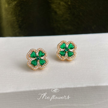 Gold Emerald Green Clover Pave Crystal Stud Earrings