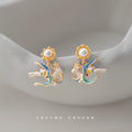 Gold Tone White Deer And Multicolor Enamel Stud Earrings view 1