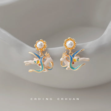 Gold Tone White Deer And Multicolor Enamel Stud Earrings