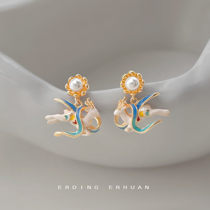 Gold Tone White Deer And Multicolor Enamel Stud Earrings