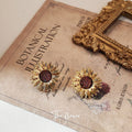 Gold Tone Sunflower Stud Earrings With Burgundy Glitter Round Centers view 3