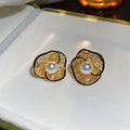 Pearl Center Gold Tone Floral Stud Earrings Jewelry Accessory view 9