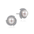 Silver Tone Pearl Stud Earrings CZ Flower Swirl Halo view 2