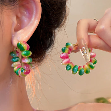 Pink and Green Beaded Hoop Earrings with Gold Tone Hoops