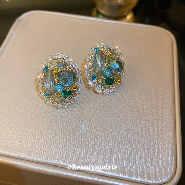Multicolor Crystal Oval Cluster Stud Earrings Polished Metal Jewelry