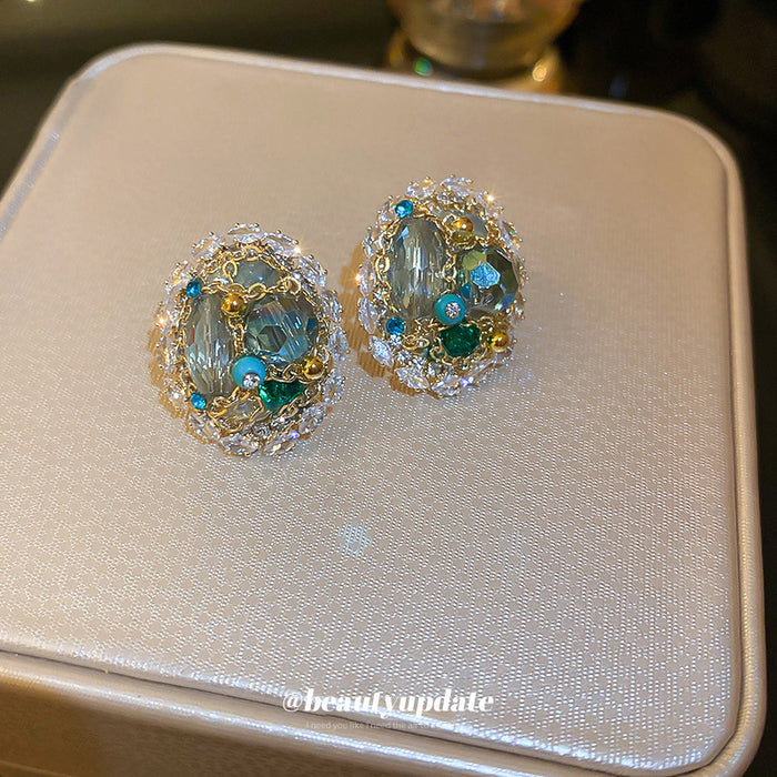 Multicolor Crystal Oval Cluster Stud Earrings Polished Metal Jewelry