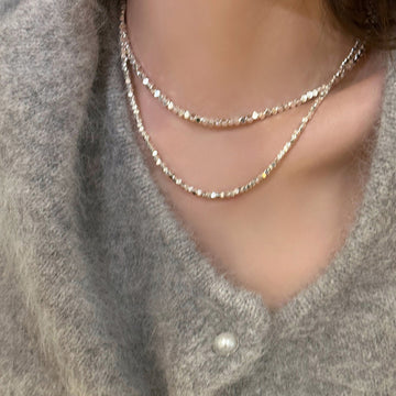 Silver Faceted Square Bead Chain Necklace Minimalist Collar