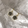Gold Ball Post Black Enamel Camellia Drop Stud Earrings view 3