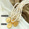 White Pearl Strand Gold Sunflower Oval Pendant Necklace view 2