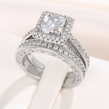 Silver Tone Square Halo Two Ring Set with Clear Stones