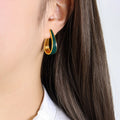 Gold Steel Teardrop Enamel Hoop Stud Earrings Grey Green view 9
