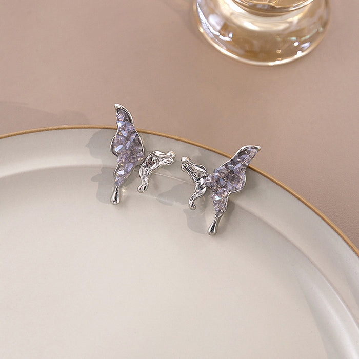 Silver Purple Crystal Butterfly Stud Earrings Lavender Wings