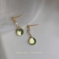 Gold Tone Pearl Pale Green Glass Cabochon Drop Earrings view 4
