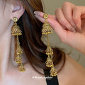 Long Bell and Chain Tassel Earrings in Gold and Silver Tones view 4