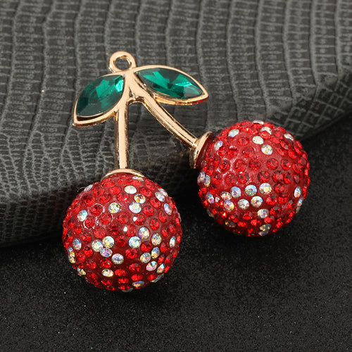 Single red pave rhinestone cherry charm pendant with green crystal leaves