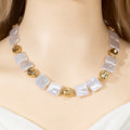 White Faux Pearl Square Bead Necklace With Gold Nugget Accents view 3