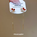 Red Flower Chain Threader Earrings With Polished Metal Tone Details view 2