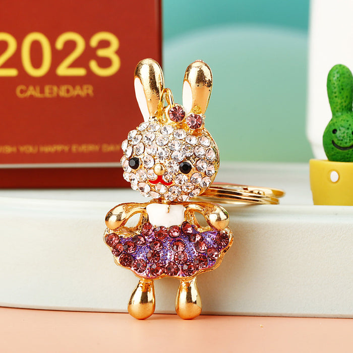 Jeweled Skirt Holding Rabbit Keychains with Plain and Fortune Loops