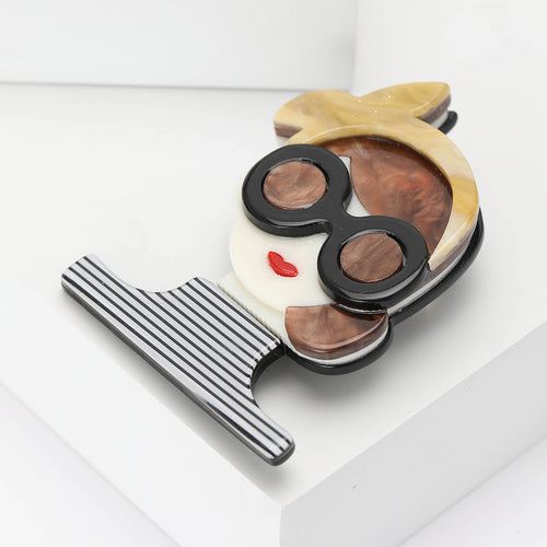 Acrylic Woman in Sunglasses Brooch with Striped Top front view on a white background