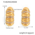 Ribbed Capsule Stud Earrings Rhinestone Bands Gold Steel view 6
