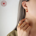 Red Heart Crystal Huggie Hoop Earrings Gold Steel Tone view 3