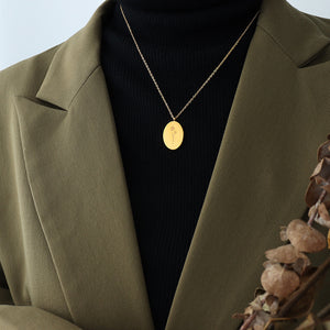 Oval Birth Flower Double Sided Pendant Necklace Gold Steel