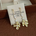Gold Flower Pearl Look Bead Long Dangle Stud Earrings view 3