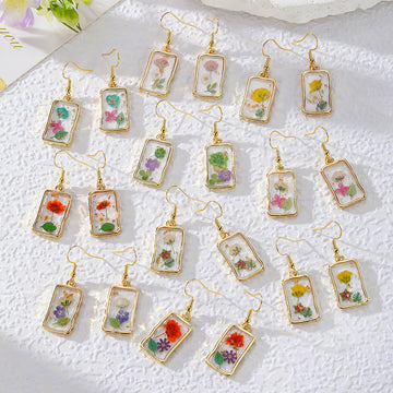 Rectangular Gold Frame Dried Flower Resin Earrings 10 Styles