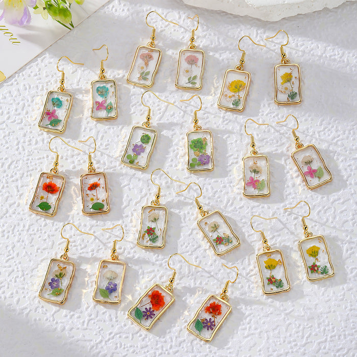 Rectangular Gold Frame Dried Flower Resin Earrings 10 Styles