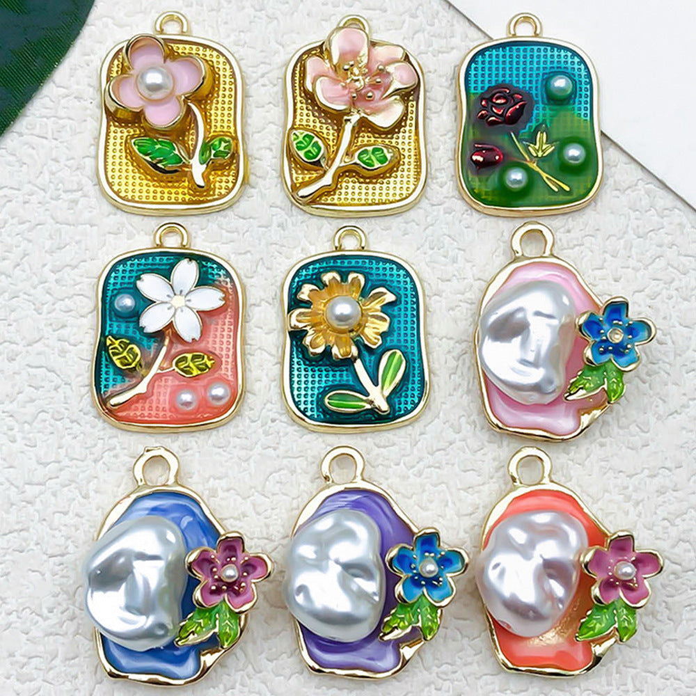 Zinc Alloy Vintage Flower Oil Painting Enamel Charm Pendant for DIY Hair Jewelry