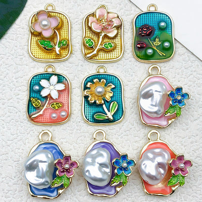 Colorful flower charms arranged on a light background