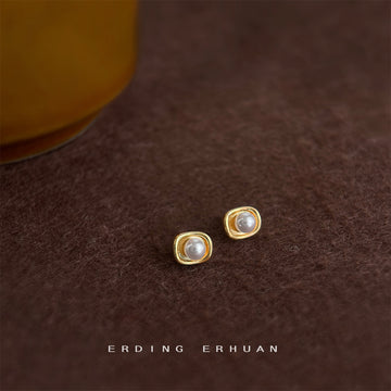 Mini Gold Ingot Frame White Pearl Stud Earrings Pair