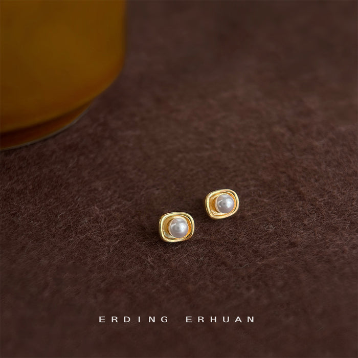 Mini Gold Ingot Frame White Pearl Stud Earrings Pair