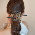 Dark Floral Brocade Square Hair Wrap And Straight Hair Stick view 4