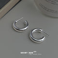 Silver Tone Thick Smooth Hollow Hoop Stud Earrings Pair view 3