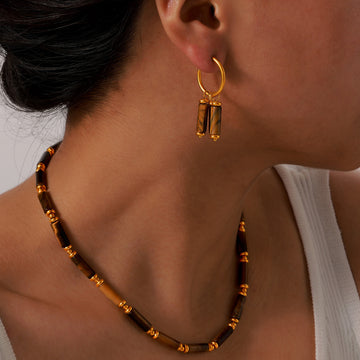 Tiger Eye Tube Bead Necklace And Gold Accent Earrings Set