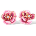 Rose Gold Pink Enamel Flower Stud Earrings Clear Centers view 1