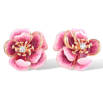 Rose Gold Pink Enamel Flower Stud Earrings Clear Centers