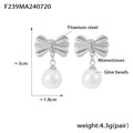 Bow Pearl Drop Stud Earrings with Rhinestone Center Gold Steel view 6