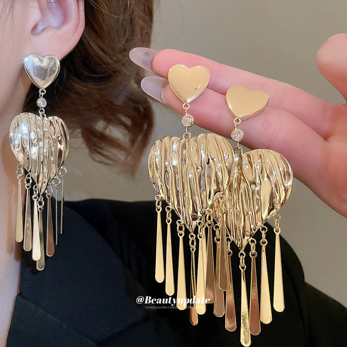 Heart Stud Earrings With Layered Metal Fringe Jewelry