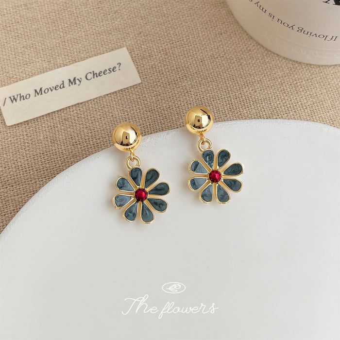 Gold Ball Stud Blue Enamel Daisy Red Center Drop Earrings