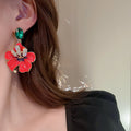 Red Enamel Flower Stud Earrings With Green Oval Tops view 2