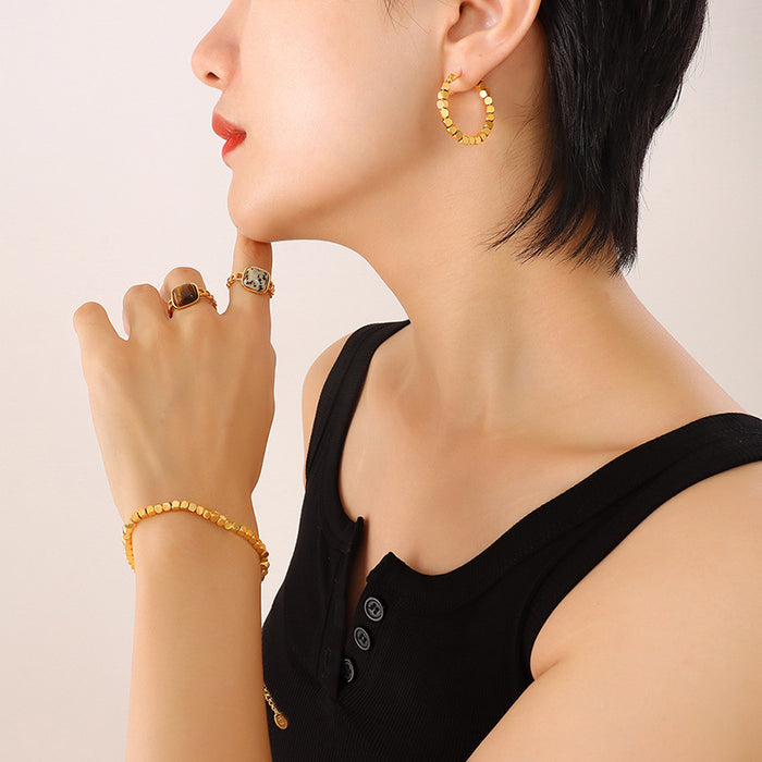 Gold Steel Faceted Cube Bead Hoop Earrings and Bracelet