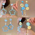 Blue Flower and Button Drop Earrings in Two Playful Styles view 1
