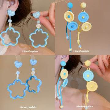 Blue Flower and Button Drop Earrings in Two Playful Styles