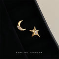 Asymmetric Gold Star Crescent Moon Micro CZ Stud Earrings view 4